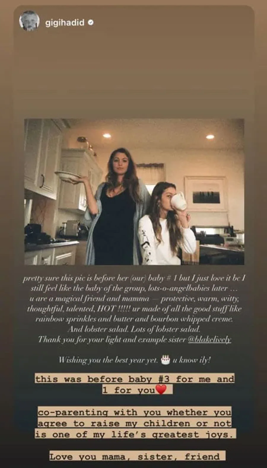 Gigi Hadid shared a heartfelt birthday greeting for Blake Lively on her Instagram Story in 2023