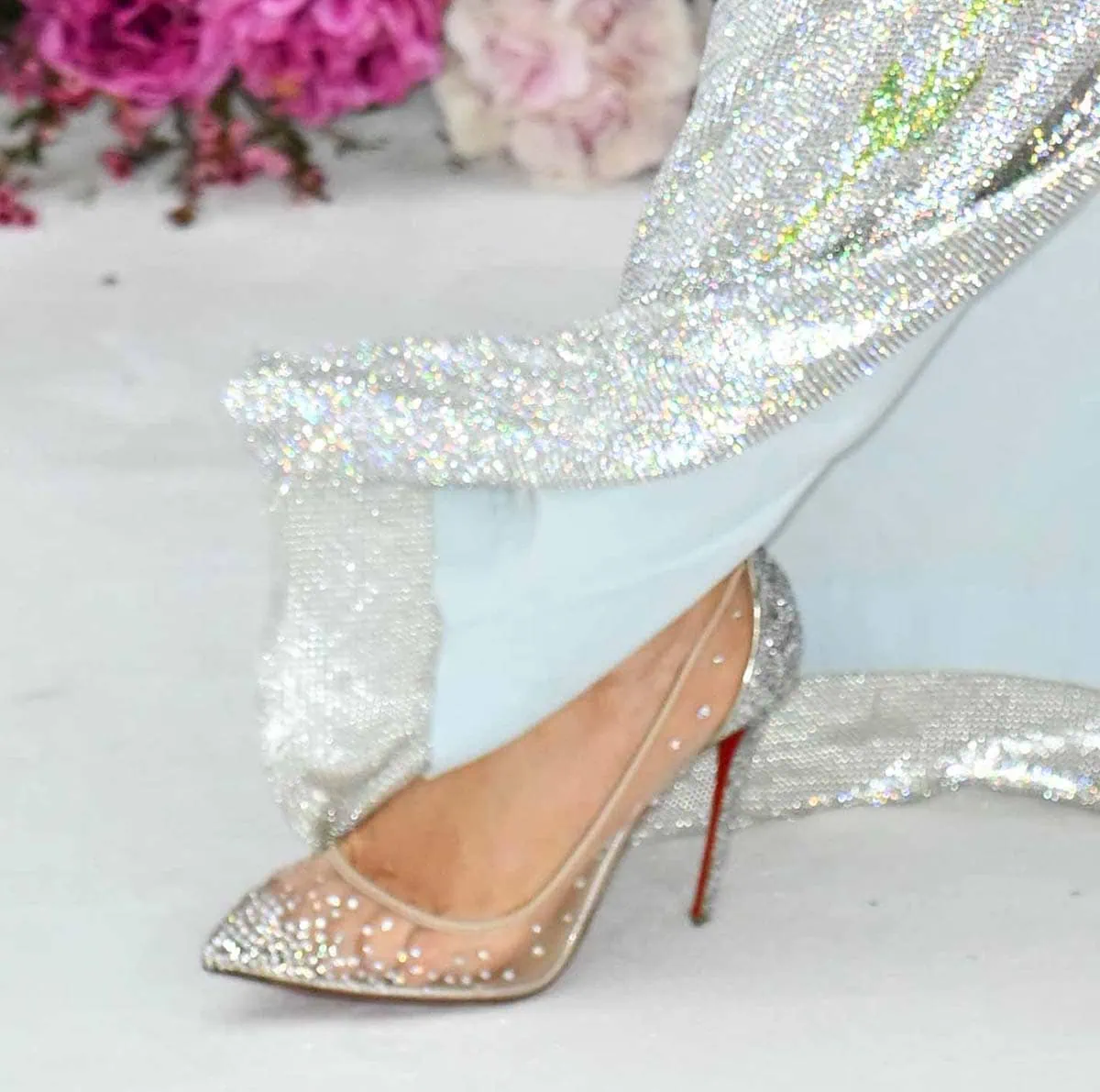Blake Lively teams her floral crystal gown with Christian Louboutin's Follies Strass mesh pumps