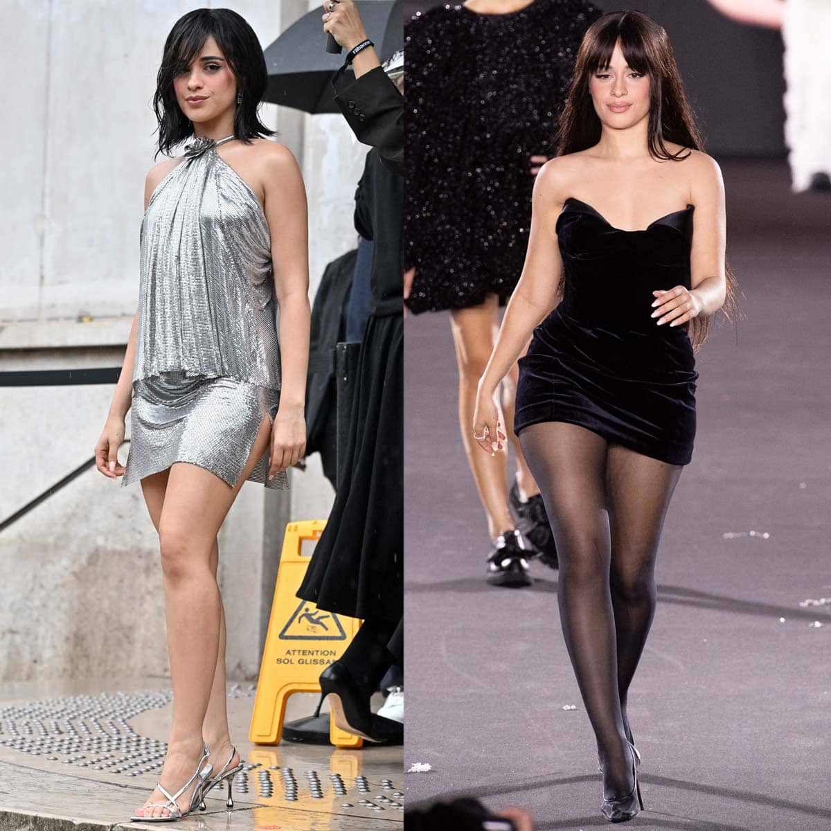 Camila Cabello showcases two contrasting Paris Fashion Week looks, pairing Rabanne’s silver chainmail mini with sculptural Jimmy Choo Etana sandals before switching to a velvet strapless mini dress, sheer tights, and sharp black pumps for the L’Oréal Paris runway