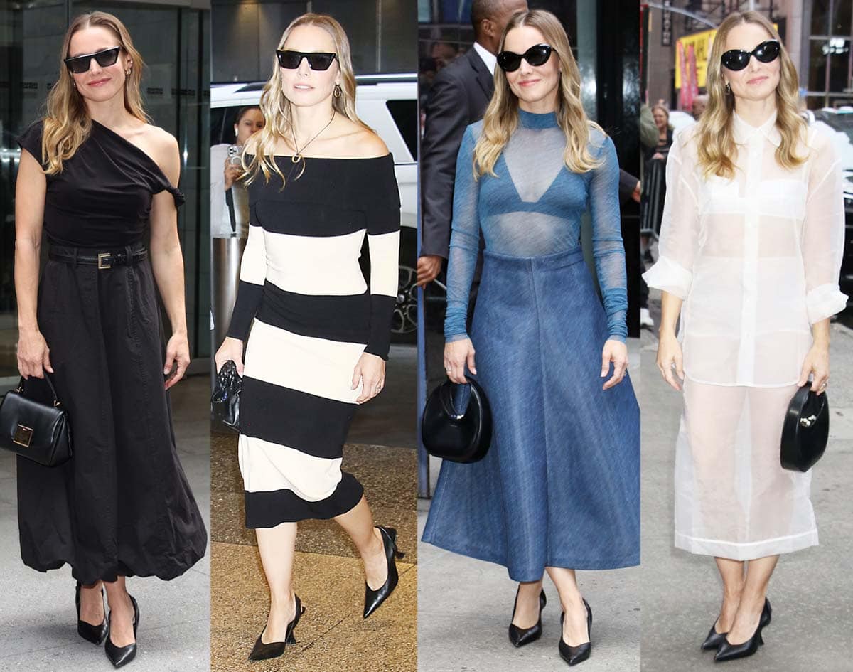 In September 2024, Kristen Bell made stylish rounds in New York City promoting her Netflix rom-com Nobody Wants This, wearing a series of sophisticated outfits—ranging from a Dissh set and a striped Posse sweater dress to sheer Philosophy di Lorenzo Serafini and The Frankie Shop ensembles—all anchored by the same sleek black By Far “Yasha” slingback pumps