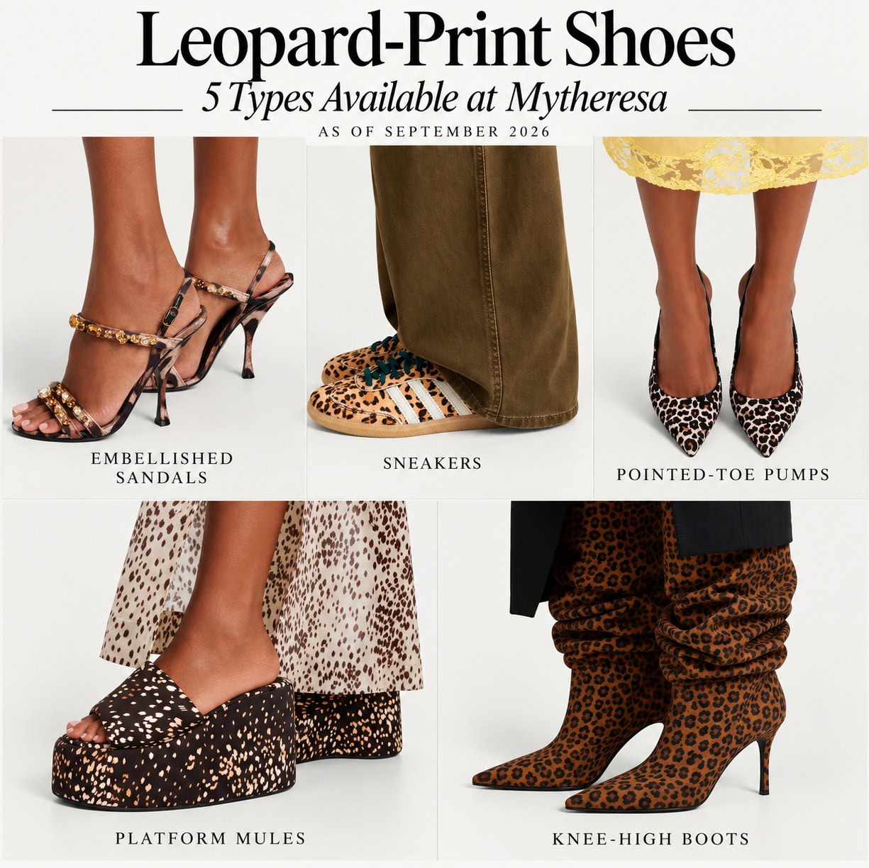 Five types of leopard-print shoes available at Mytheresa in September 2026, including sandals, sneakers, pumps, platform mules, and knee-high boots