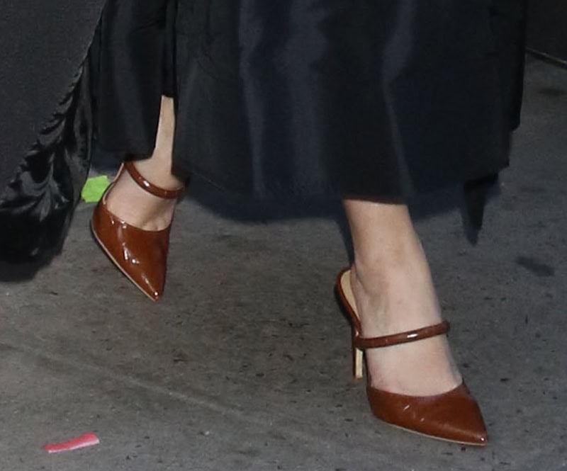 Sasha Pieterse grounds her look with brown croc-embossed pointed-toe mules by Michael Kors, featuring a sleek backless silhouette, slim strap detail, and stiletto heels that sharpen the outfit’s polished, leg-lengthening finish