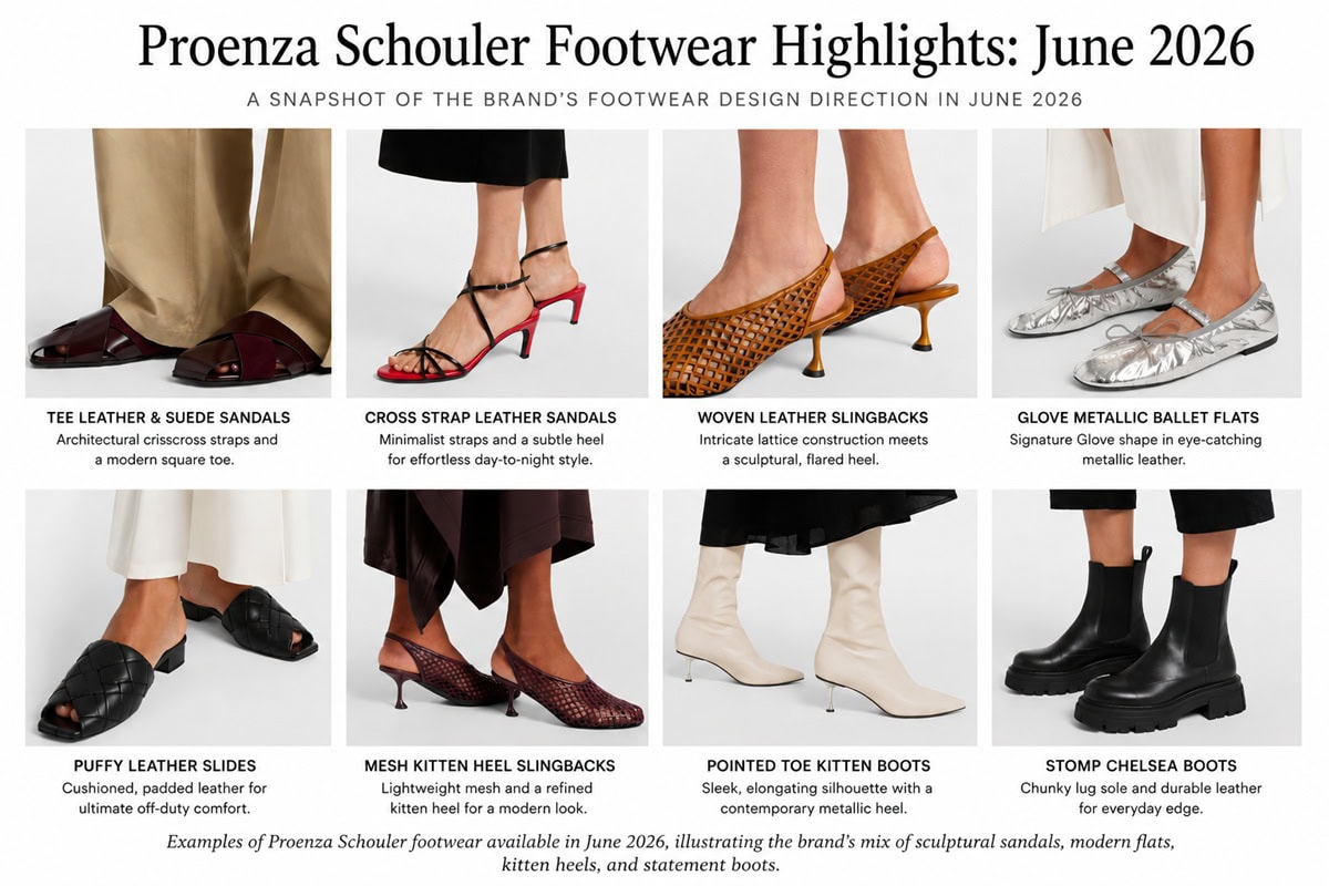A curated look at Proenza Schouler’s defining footwear styles for June 2026, showcasing the brand's signature architectural sandals, intricate woven slingbacks, modern metallic flats, and chunky lug-sole boots