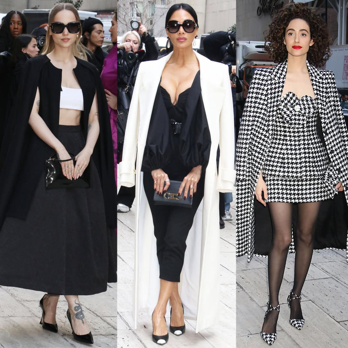 Dove Cameron, Nicole Scherzinger, and Emmy Rossum brought monochrome glamour to the Carolina Herrera Fall 2025 show at New York Fashion Week — each interpreting black-and-white elegance in their own way, from Dove’s spool-heeled pumps to Nicole’s chic cap-toe heels and Emmy’s retro houndstooth strap-pumps