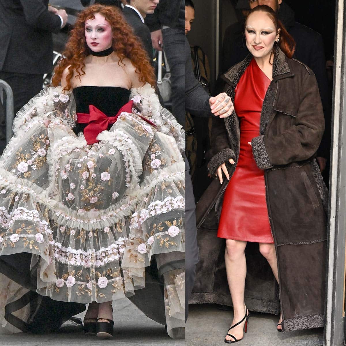 Chappell Roan flaunts her style range during Paris Fashion Week Fall/Winter 2025–2026, going from a dramatic Valentino tulle ball gown to a sleek red Ludovic de Saint Sernin leather dress and heels on March 8–9, 2025