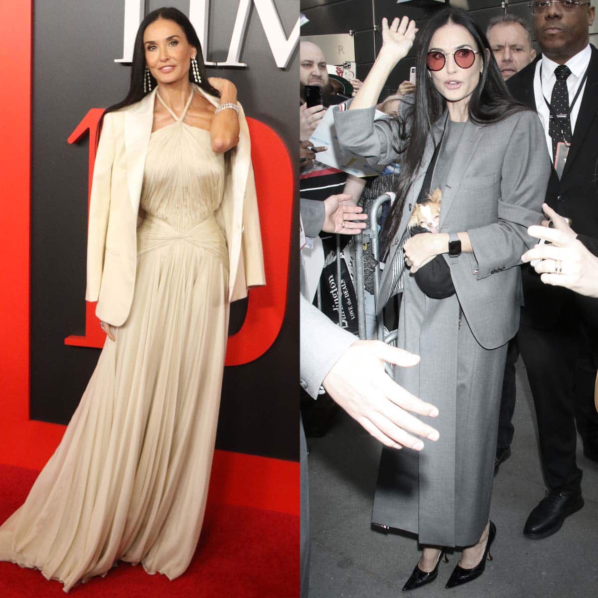 Demi Moore, one of the most influential people of 2025, attends the Time100 Gala and Summit in a cream GapStudio dress and a gray Thom Browne outfit