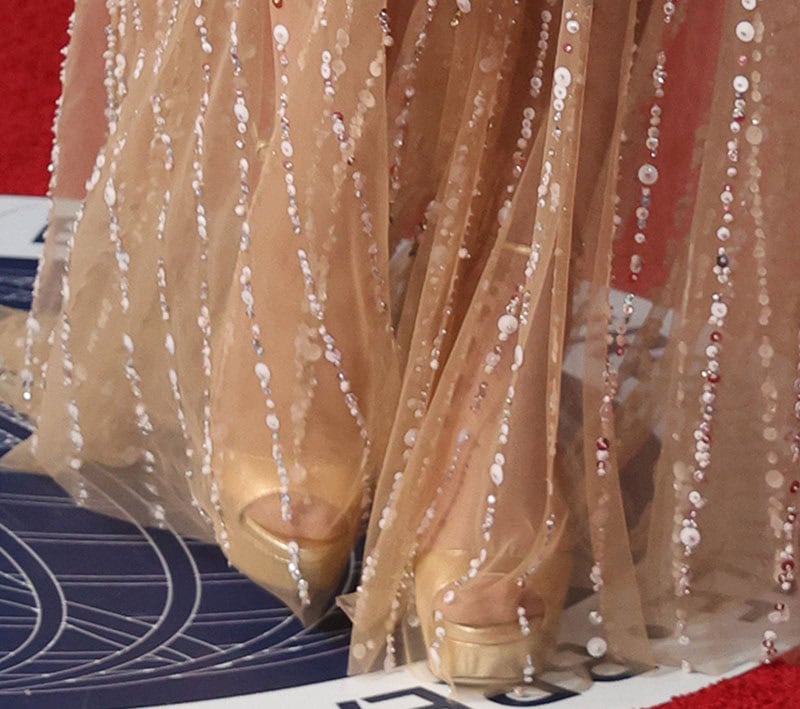 Kate Hudson dazzles in gold Jimmy Choo Max platform sandals, perfectly complementing her sheer gown