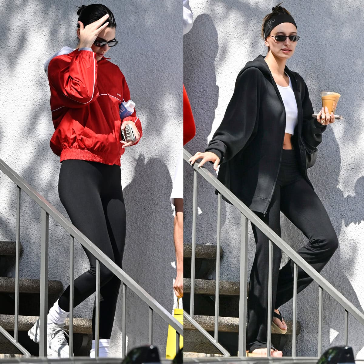 Kendall Jenner and Hailey Bieber leave Forma Pilates in effortlessly chic workout looks—Kendall in sporty sneakers and a bold red jacket, Hailey in minimalist black with luxe flip-flops