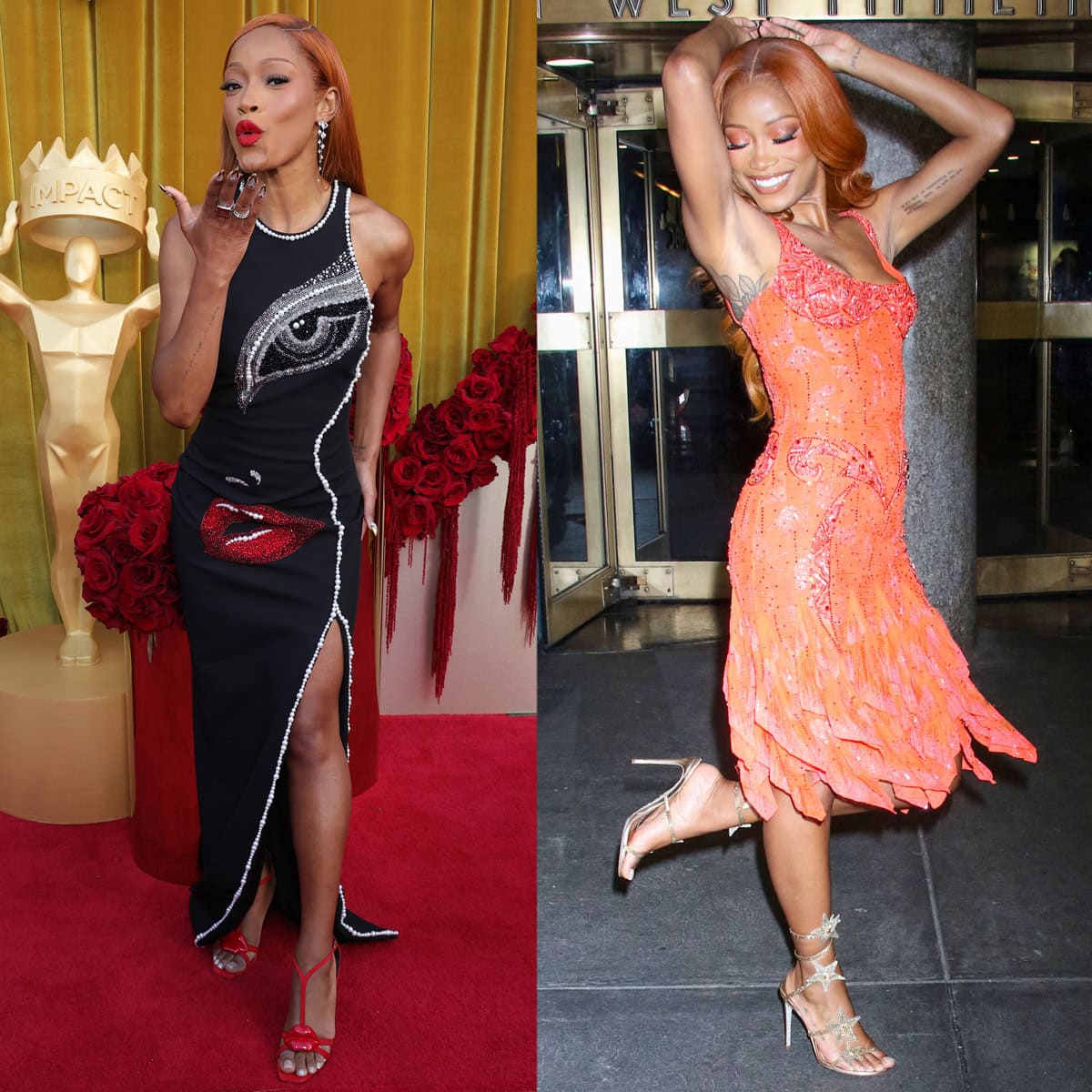 Keke Palmer wows in a black face motif dress with red 3D lip heels by Balmain at the Hollywood Unlocked Impact Awards 2025 and in an orange Versace mini dress with gold Rene Caovilla sandals outside The Tonight Show Starring Jimmy Fallon studio for her Just Keke album promotion