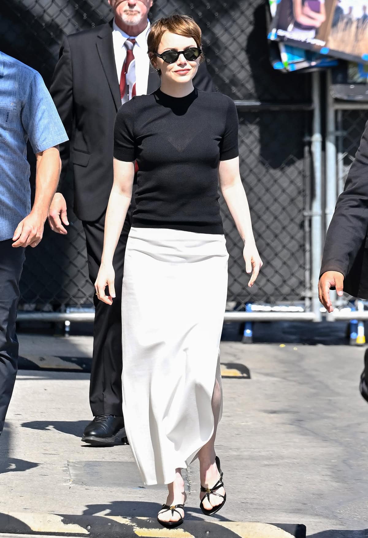Emma Stone wows in a laid-back monochromatic summer ensemble outside the Jimmy Kimmel Live! studios ahead of her appearance on the show to discuss her upcoming movie, Eddington