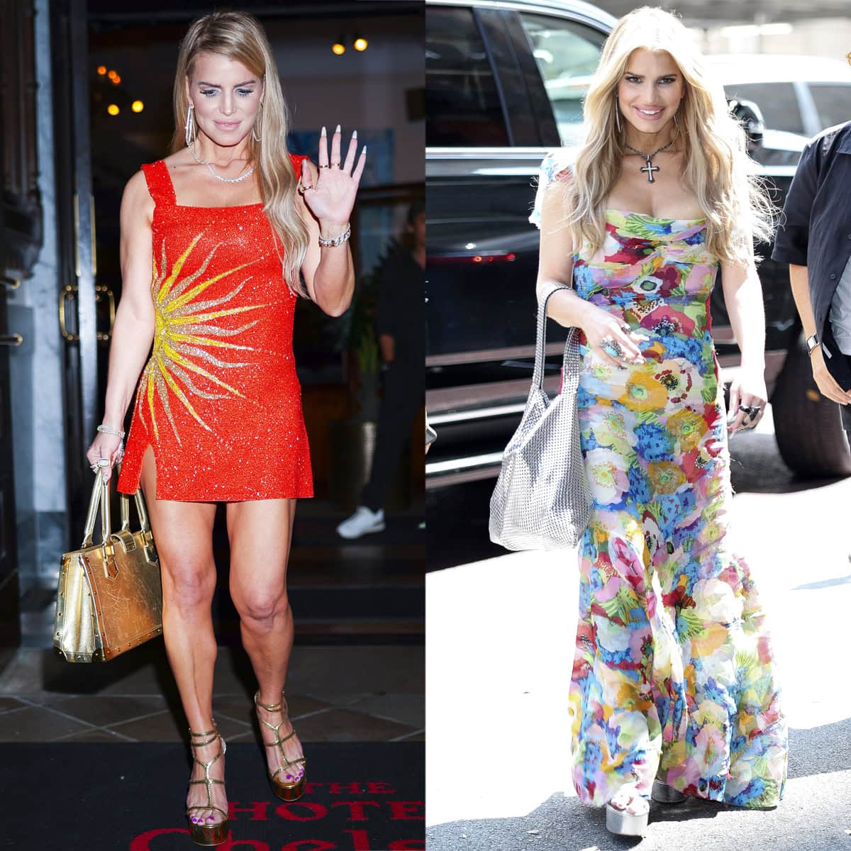 Jessica Simpson parties in NYC wearing a vibrant orange mini dress and metallic caged platform sandals from her fashion label following her Today Show appearance