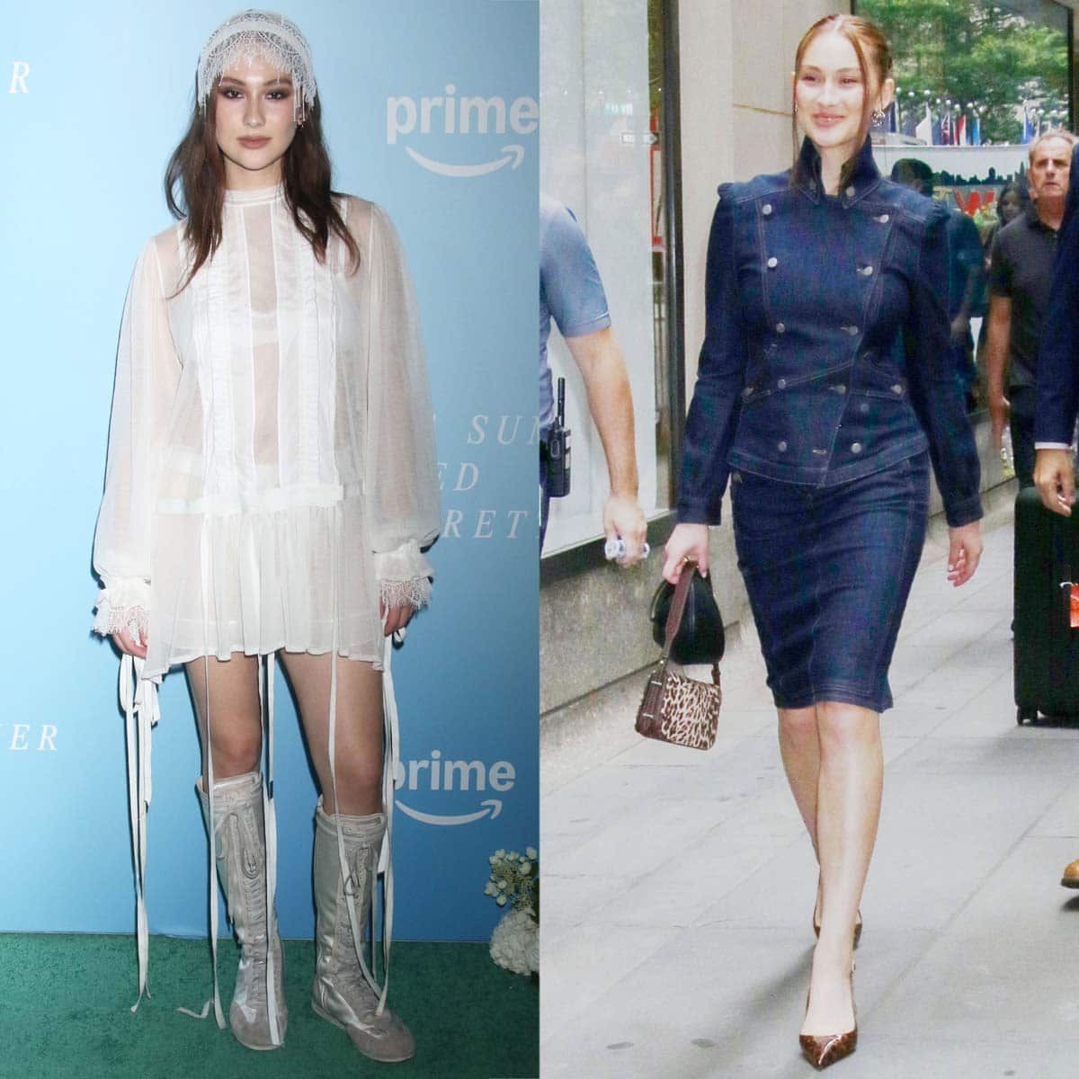Lola Tung embraces 1970s fashion in a dreamy Ann Demeulemeester mini dress with boxing shoes and a double denim Stella McCartney skirt suit with leopard Aldo pumps