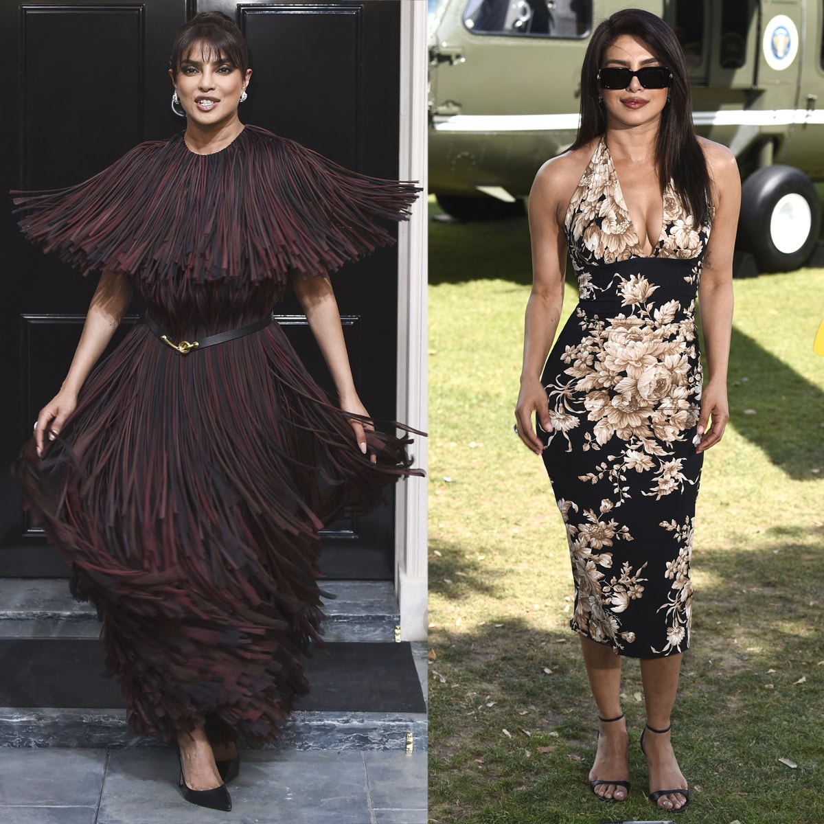 Priyanka Chopra showcases her versatile style in London, dazzling in a dramatic fringed Burberry gown for the Heads of State screening (left) and a chic Dolce Gabbana floral halter dress for the film's photocall (right)