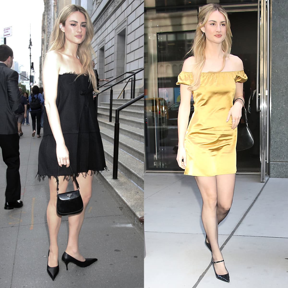Grace Van Patten parades her legs in mini dresses and black pumps while promoting The Twisted Tale Of Amanda Knox in New York City