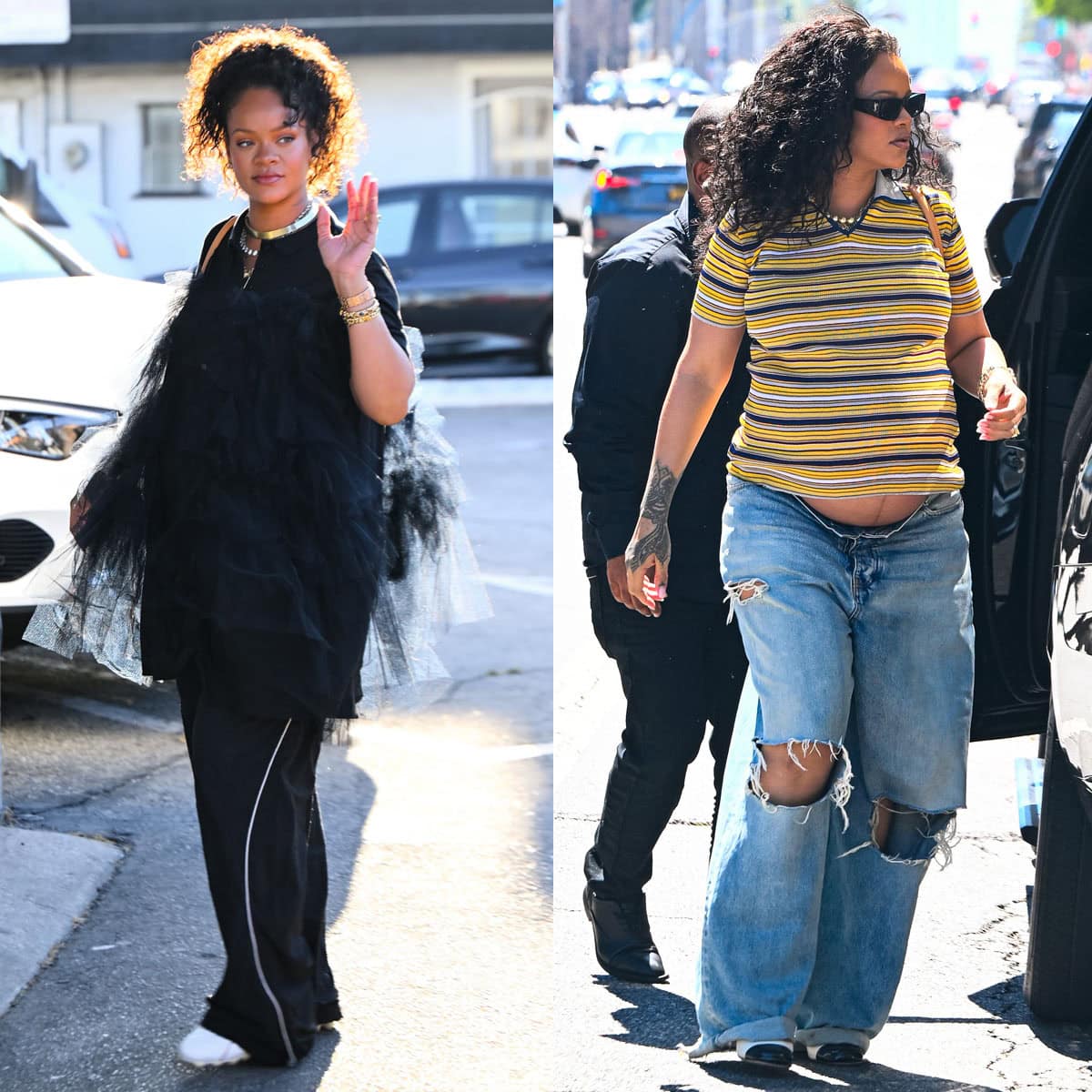 Rihanna showcases her chic and modern maternity style in Balenciaga track pants and distressed jeans with Puma by Jil Sander sneakers and Miu Miu pumps