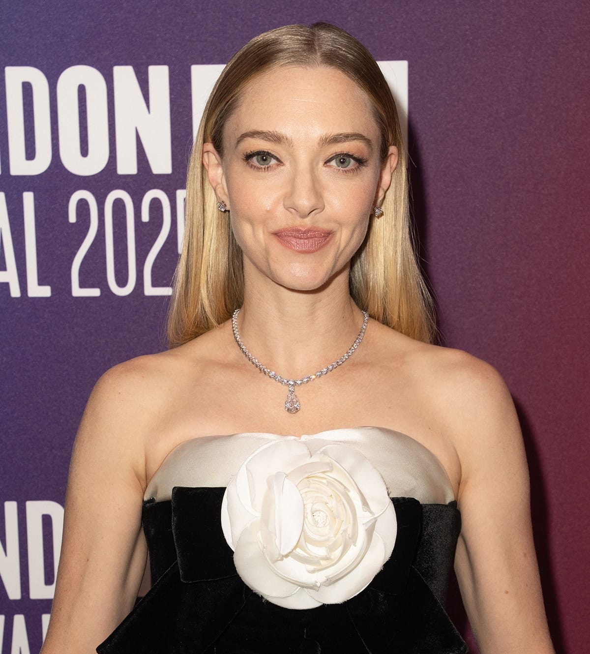 Amanda Seyfried keeps her glam simple with pink lipstick and eyeliner and styles her black-and-white look with a Tiffany Co. diamond necklace and stud earrings