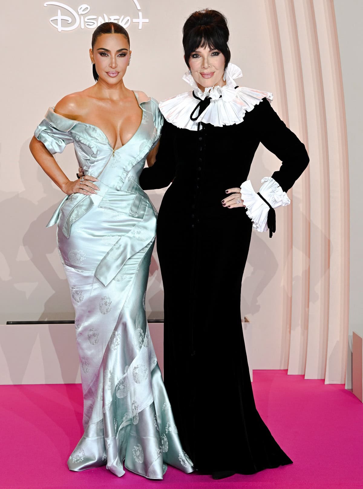Kim Kardashian dazzled in a vintage baby-blue satin Christian Dior Spring/Summer 2000 gown by John Galliano, while Kris Jenner complemented her in a vintage 1993 Oscar de la Renta black-and-white ruffled gown paired with Lorraine Schwartz and Van Cleef Arpels jewelry