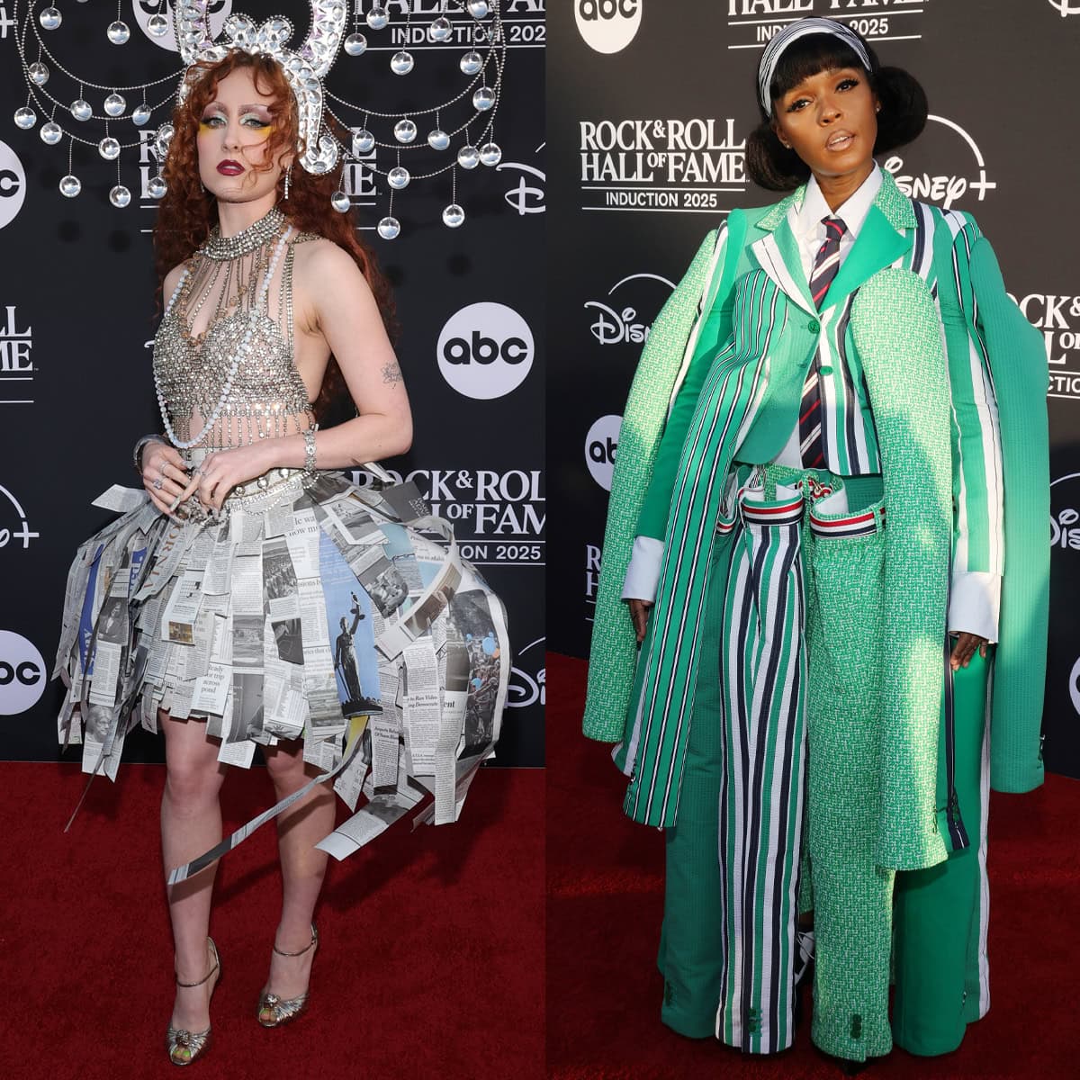 Chappell Roan and Janelle Monáe turned the Rock  Roll Hall of Fame red carpet into a masterclass in avant-garde fashion — Roan dazzling in a crystal-encrusted bustier, Efrain Nava shredded-newspaper skirt, and gold Christian Louboutin "Marchavekel" heels, while Monáe commanded attention in a deconstructed green Thom Browne suit and platform Oxford shoes at the Peacock Theater on November 8, 2025, in Los Angeles, California