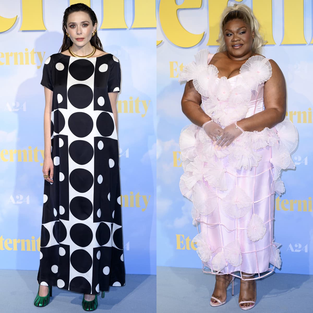 Elizabeth Olsen and Da’Vine Joy Randolph bring contrasting style energy to the Eternity premiere, with Olsen pairing her bold geometric dress with metallic green Dries Van Noten pumps and Randolph stunning in a sculptural pink Atelier Ndigo dress finished with delicate pastel heels