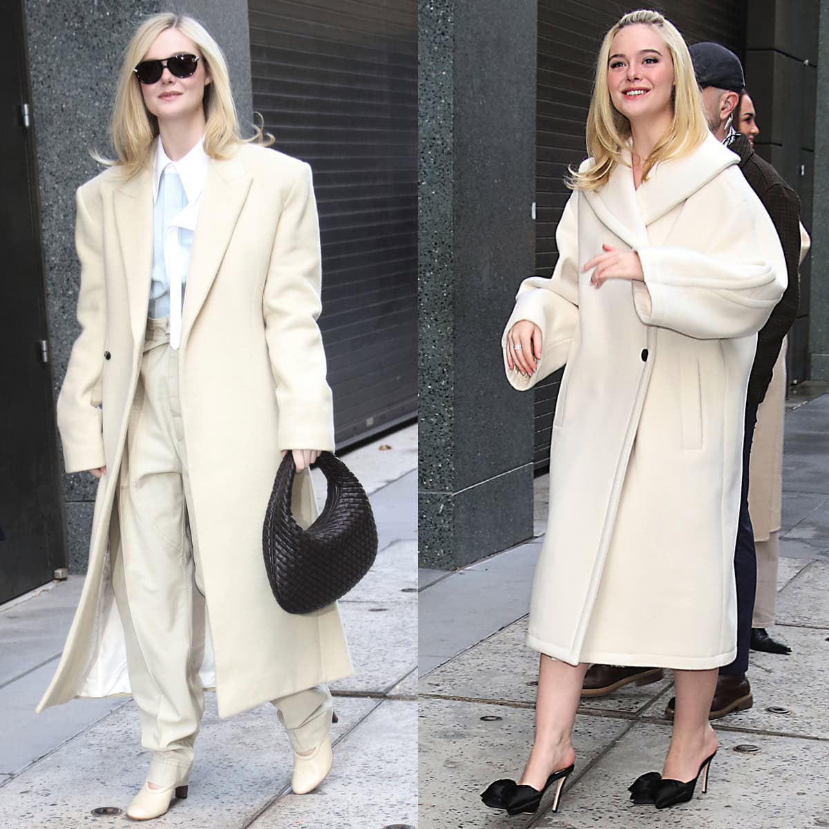 Elle Fanning doubles down on chic fall neutrals, pairing sleek cream coats with Tod’s sculpted pumps and Valentino’s bow-trimmed mules while promoting Predator: Badlands on Live With Kelly Mark and Good Morning America
