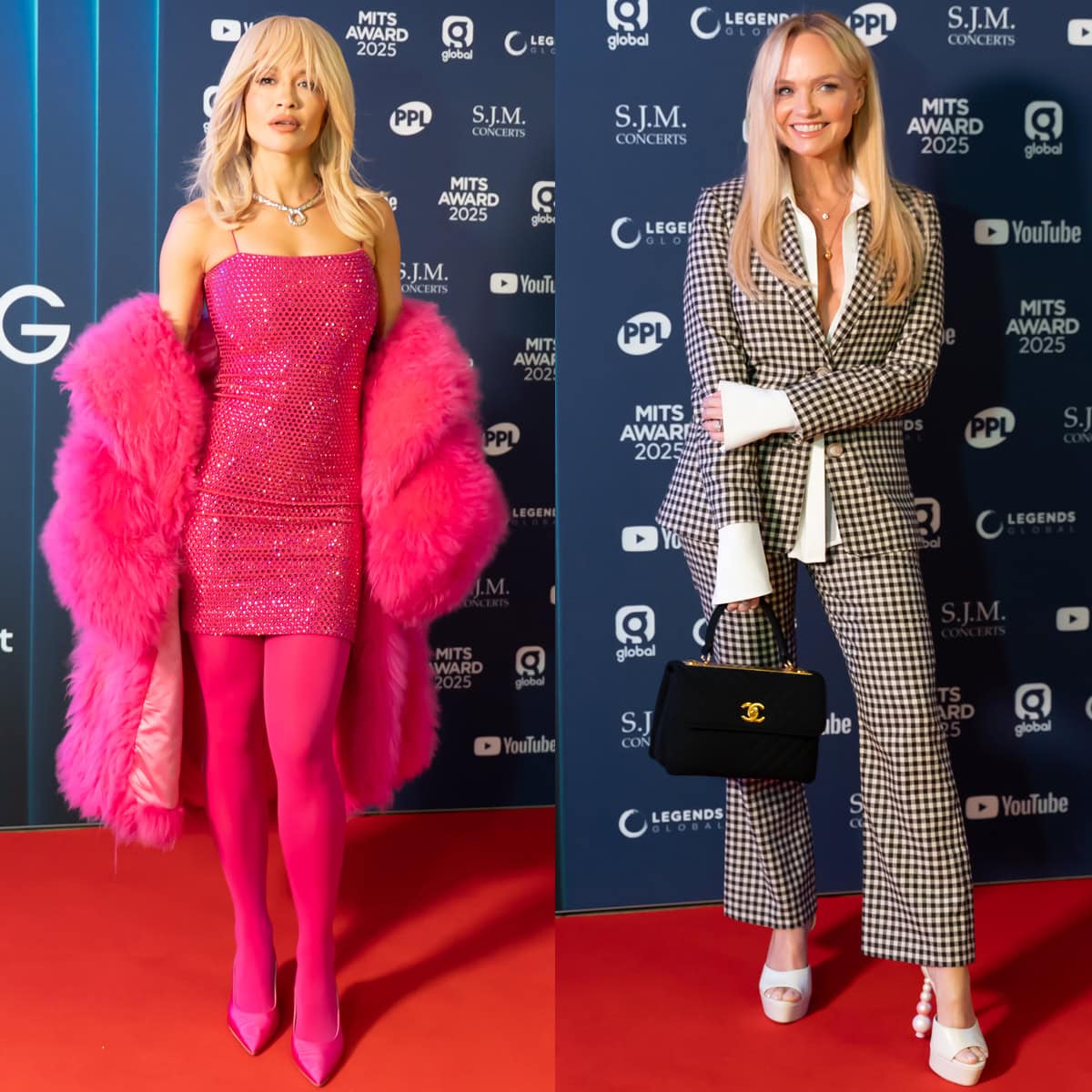 Rita Ora and Emma Bunton showcase their distinct red-carpet styles at the 2025 Music Industry Trust Awards in London — Rita dazzling in pink Russell Bromley slingback pumps, and Emma exuding retro polish in pearl-heeled Sophia Webster sandals