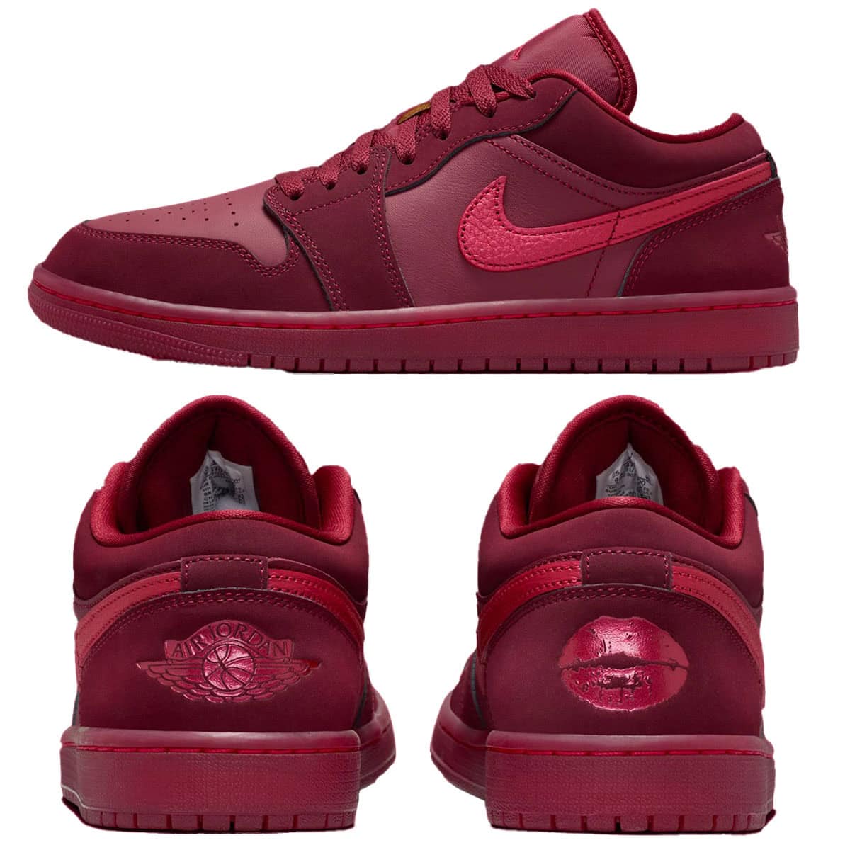 The Air Jordan 1 Low Valentine's Day 2026 shoes feature a red leather base with nubuck overlays and a kiss mark on the right heel