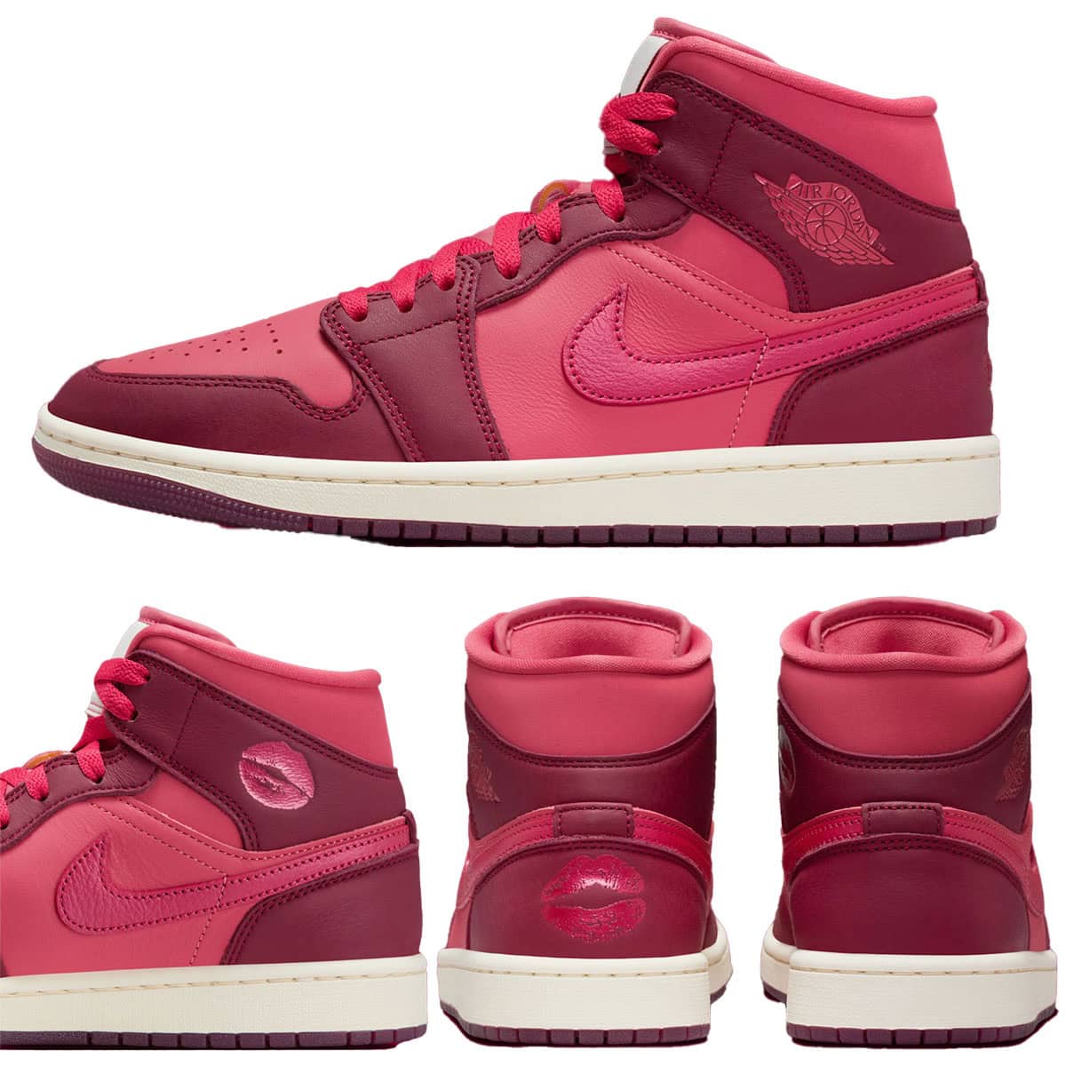 The Air Jordan 1 Mid Valentine's Day shoes feature a pink leather base with darker red overlays, off-white tongue and midsole, and kiss graphics on the left heel and medial collar