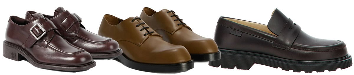 From left to right: Miu Miu monk-strap brogues, Jil Sander derby shoes, and Loewe “Blaze” loafers define the menswear-inspired shoe—structured, polished, and grounded with modern weight