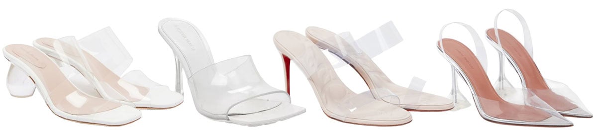 From left to right: Simone Rocha clear mules, Bottega Veneta slides, Christian Louboutin “Just Loubi” PVC sandals, and Amina Muaddi “Holli Glass” slingbacks define the transparent heel—minimal, sculptural, and strikingly modern