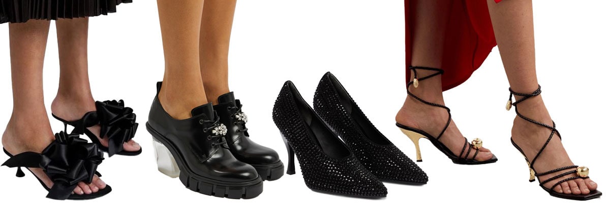 From left to right: Proenza Schouler floral satin sandals, Simone Rocha embellished brogue pumps, Tory Burch crystal pumps, and Bottega Veneta “Adam” sandals define the embellished shoe—textural, expressive, and statement-making
