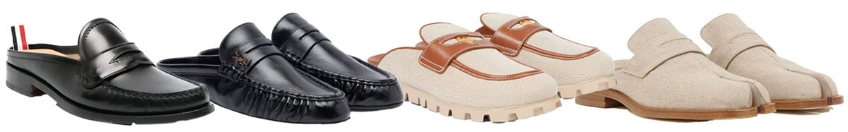 From left to right: Thom Browne “Penny Loafer,” Saint Laurent “Le Loafer,” Miu Miu canvas mules, and Maison Margiela “Tabi City” mules define the loafer mule—polished, backless, and increasingly experimental