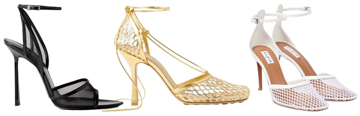From left to right: Saint Laurent “Missy” mesh sandals, Bottega Veneta gold mesh pumps, and Alaïa fishnet pumps define the mesh shoe—light, textural, and subtly revealing