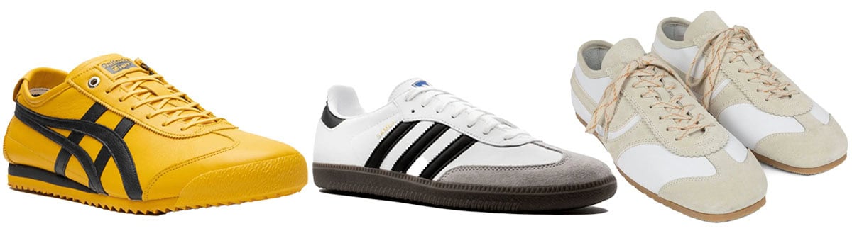 From left to right: Onitsuka Tiger Mexico 66, Adidas Samba OG, and Maison Margiela Wholesale Luxury sneakers define the slim retro trend—sleek, low-profile, and rooted in vintage sport