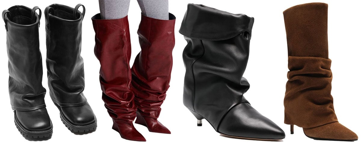 From left to right: Acne Studios “Folded,” Balmain ruched over-the-knee wedges, Isabel Marant “Edrik,” and Schutz “Mikki Up” boots define the slouchy boot—relaxed, draped, and effortlessly sculptural