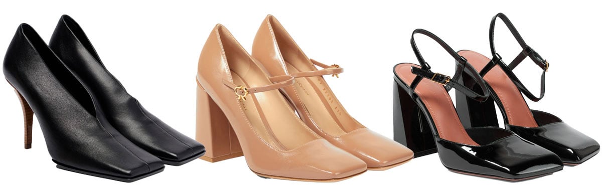 From left to right: Alaïa “Square-Toe,” Gianvito Rossi “Freeda,” and Amina Muaddi “Charlotte” pumps showcase the square-toe revival—structured, modern, and sharply defined