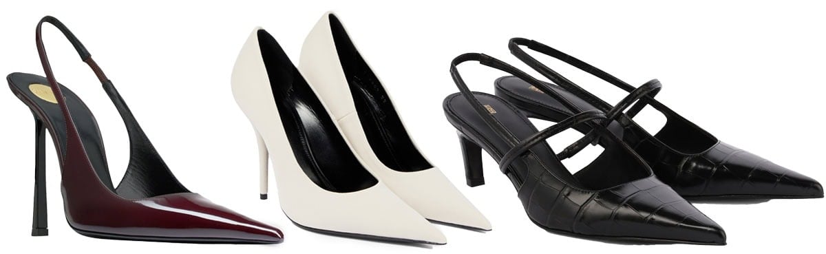 From left to right: Saint Laurent “Vendome,” Balenciaga “Knife,” and Toteme “Sharp” slingbacks capture the ultra-pointed pump—sleek, elongated, and sharply defined