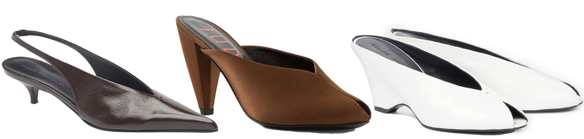 From left to right: Proenza Schouler “Slash” slingback, Jude “Paw” mule, and Khaite “Cloak” wedge mules showcase sculptural pumps—sharp, fluid, and architectural in equal measure