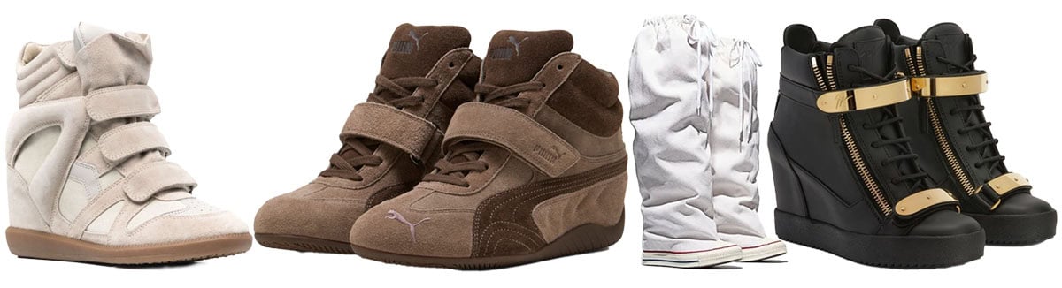 From left to right: Isabel Marant Bekett, Puma suede wedge sneakers, Converse x Vaquera XXXHi slouch wedges, and Giuseppe Zanotti wedge sneakers showcase the return of hidden-height footwear—sporty, nostalgic, and unapologetically bold