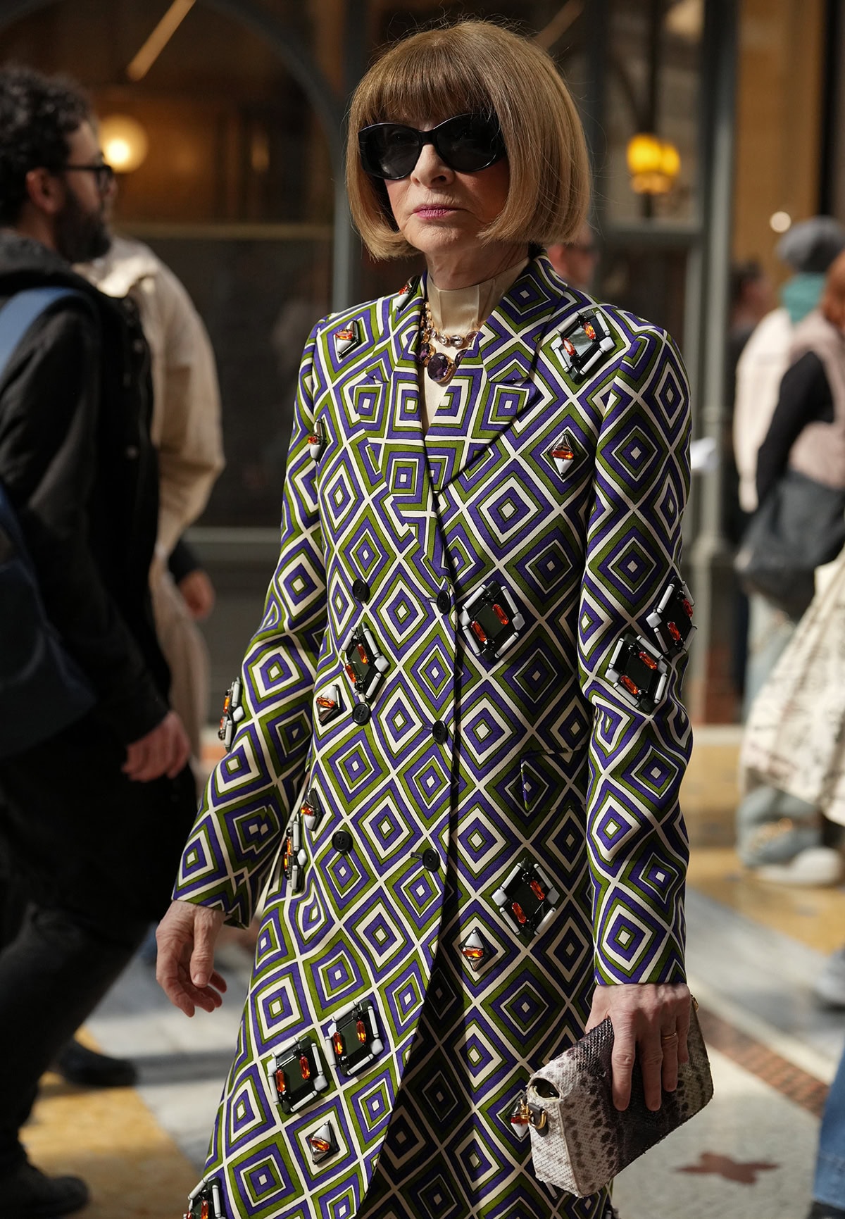 Anna Wintour styles her look with amethyst necklaces, black sunglasses, and a snakeskin bag