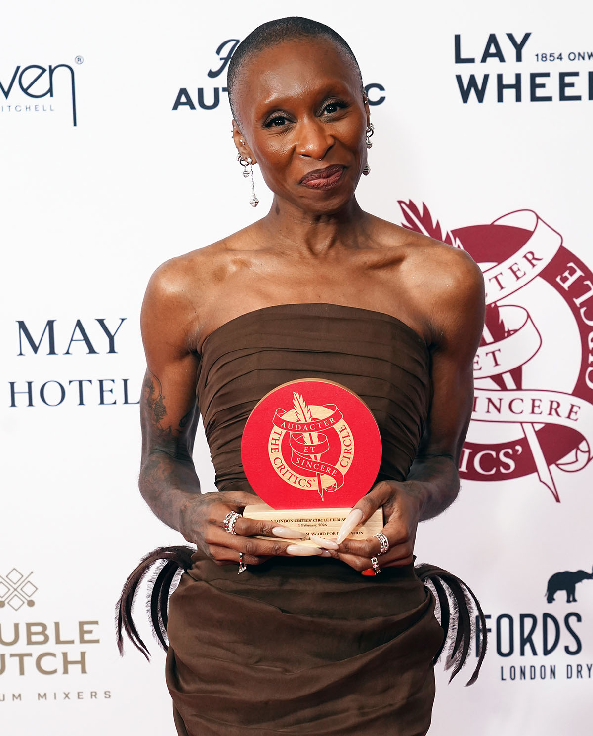 Cynthia Erivo is honored with the Derek Malcolm Award for Innovation at the Critics’ Circle Film Awards at the May Fair Hotel in London