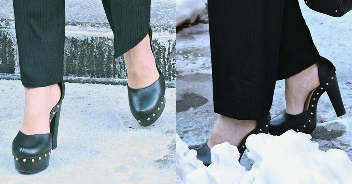 Miranda Kerr elevates her business look with the Chloé “Lola” D'Orsay pumps featuring studs around the midsoles, wooden platforms, and high block heels
