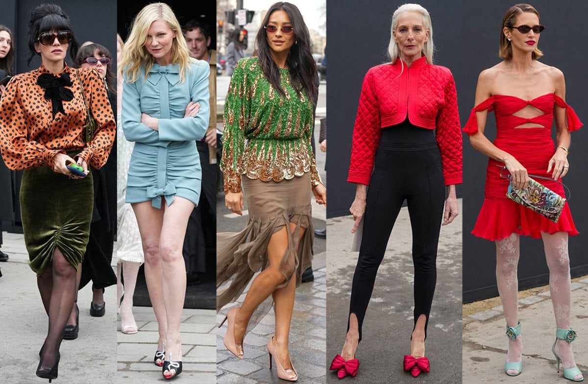 Lily Allen, Kirsten Dunst, Shay Mitchell, Elisabetta Dessy, and Helena Bordon wear Valentino's playful shoes during the Paris Fashion Week Haute Couture Spring/Summer 2026 presentation
