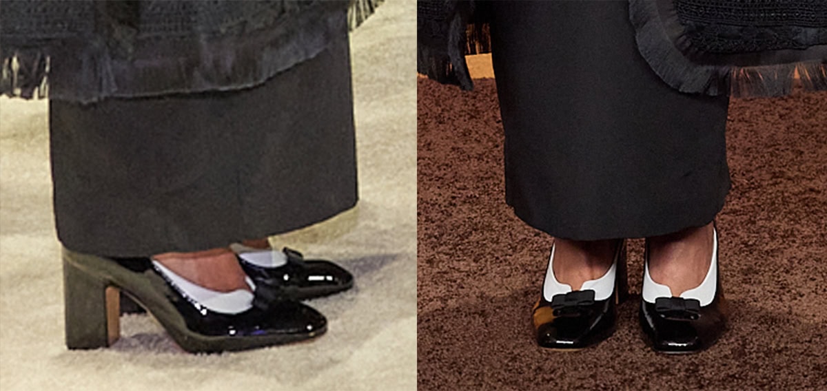 Autumn Durald Arkapaw wears a pair of Thom Browne court pumps featuring a shiny black patent base with a white topline panel, a structured grosgrain bow, square toes, and high block heels