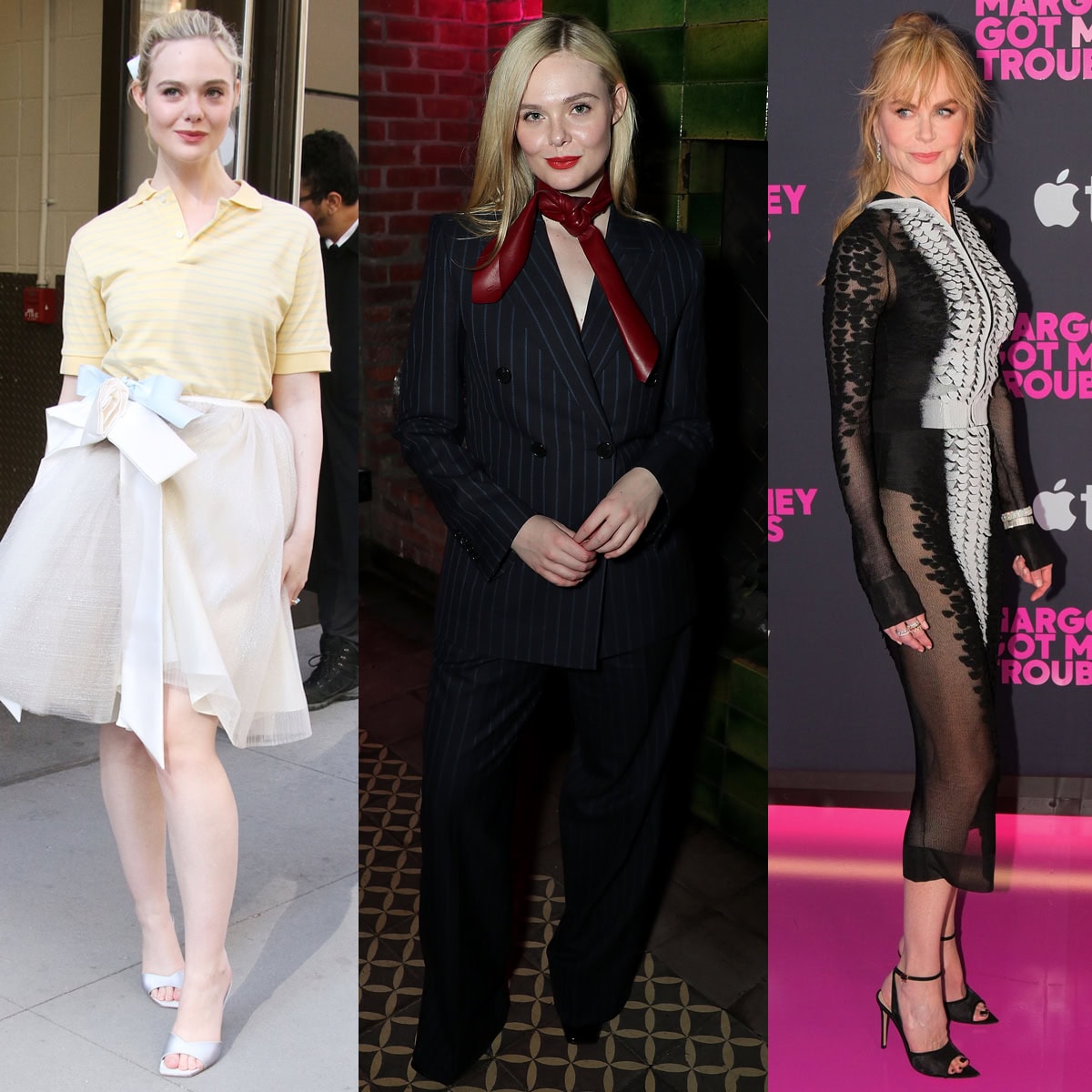 At Margo’s Got Money Troubles press appearances and New York City premiere on April 7–8, 2026, Elle Fanning transitions from satin Jimmy Choo “Skye” mules to sleek square-toe shoes, while Nicole Kidman finishes in sheer Gianvito Rossi “Dorotea” heels