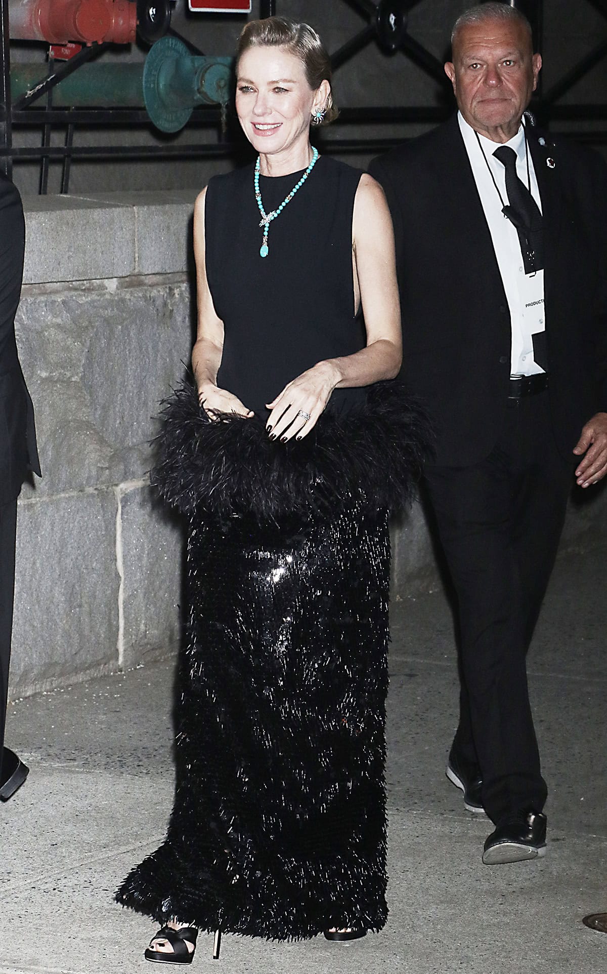 Naomi Watts pairs her Jimmy Choos with a black Taller Marmo dress featuring a sleeveless bodice and a feathered skirt, and Tiffany Co. Bird on a Rock turquoise and diamond jewels