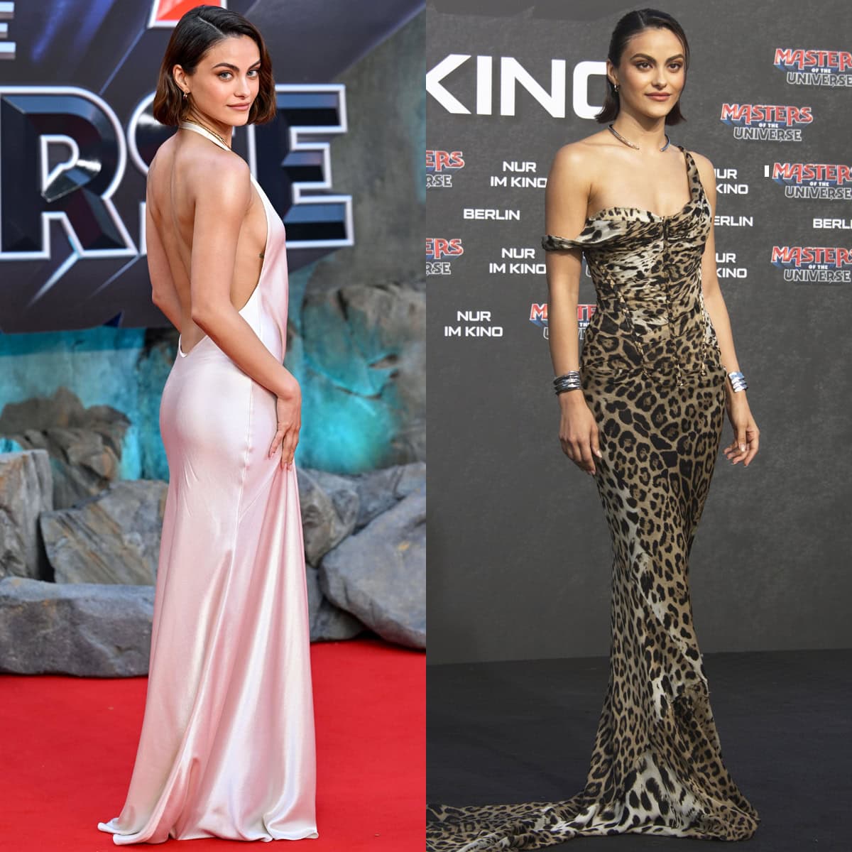 Camila Mendes showcased two distinct sides of her red-carpet style during the Masters of the Universe premiere tour, pairing metallic Femme LA mules and a draped white Anna October gown in London with a vintage Roberto Cavalli leopard-print gown in Berlin