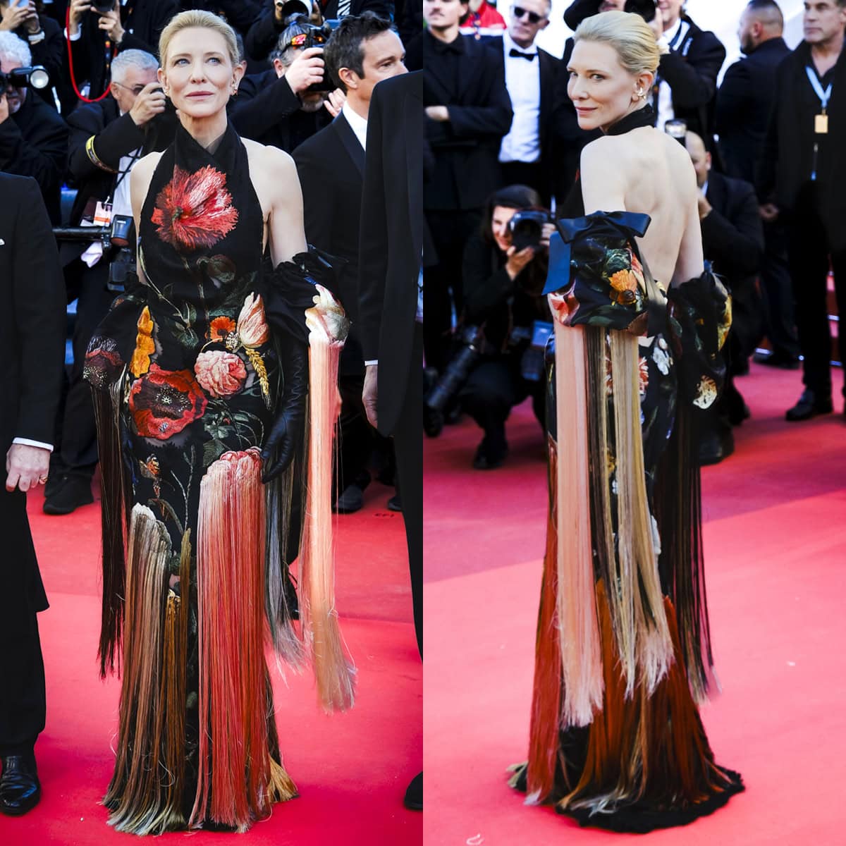 Cate Blanchett blooms in a black satin halter dress by Givenchy featuring colorful, painterly floral embroideries and fringes with matching leather gloves