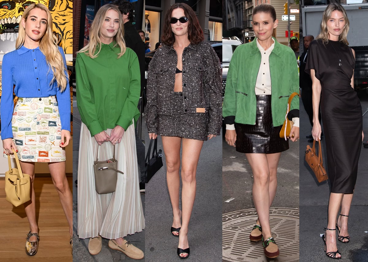 Emma Roberts, Ashley Benson, Zoey Deutch, Kate Mara, and Martha Hunt attend the Longchamp x Jeremy Scott event in Longchamp outfits with shoes from the French label, Jimmy Choo, and Aquazzura