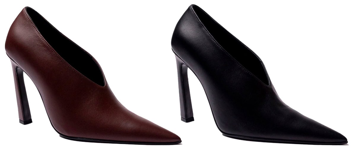 The Hagelstam “Jet” pumps feature a boot-like glove pump silhouette, with a high-cut vamp and topline, sharp pointed toes, and slanted slim stiletto heels