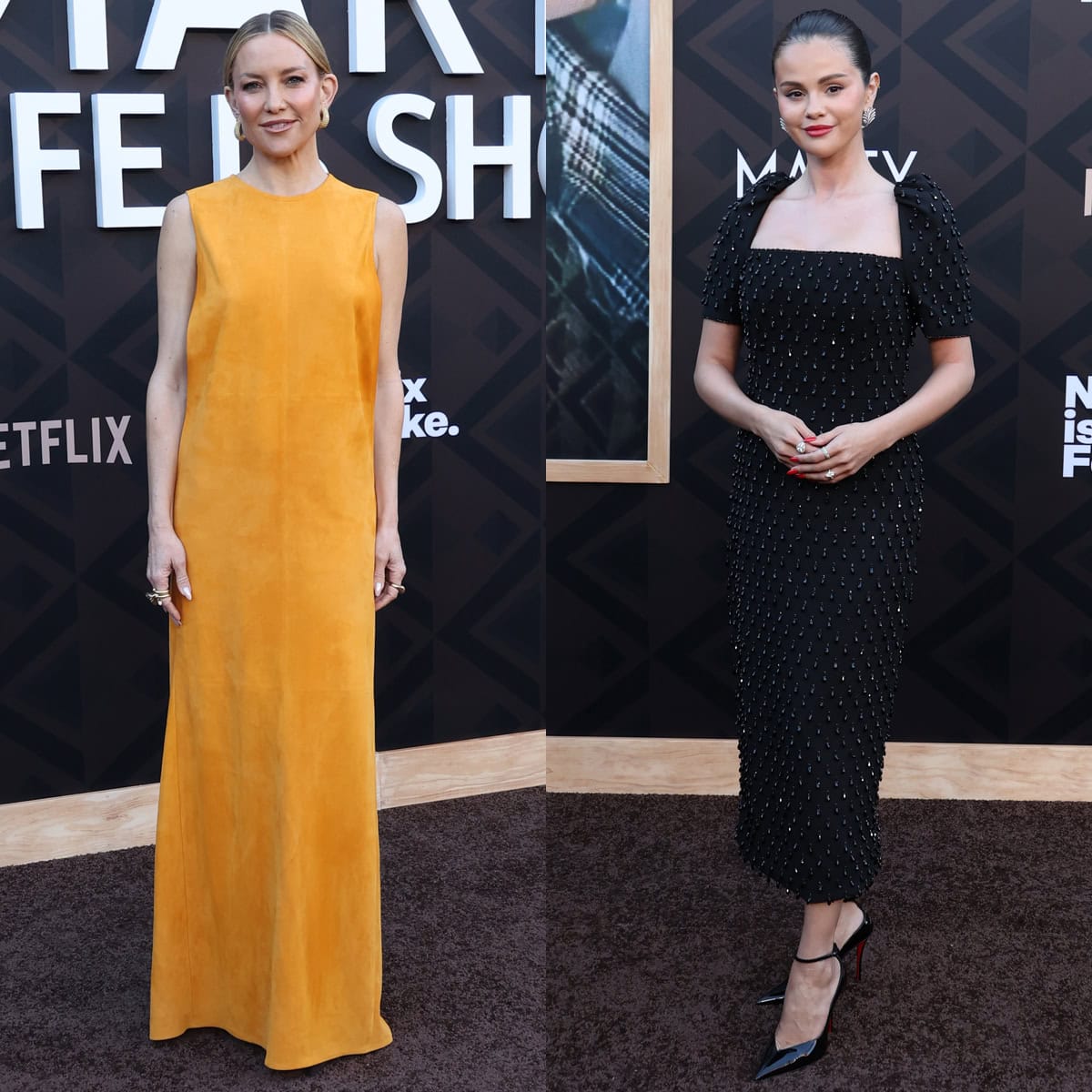 Kate Hudson and Selena Gomez bring star power to the Marty, Life Is Short Los Angeles premiere in a yellow Tod's dress with brown Le Silla pumps and a black Carolina Herrera dress with black Louboutins